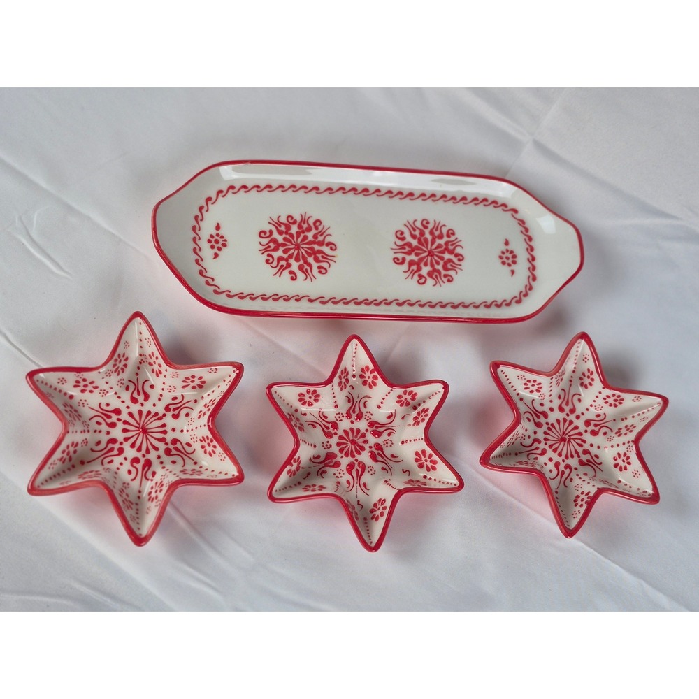 Ozen Ceramics Turkish Pottery 4 Pc Red White Star Bowl Set Serving Tray Handmade
